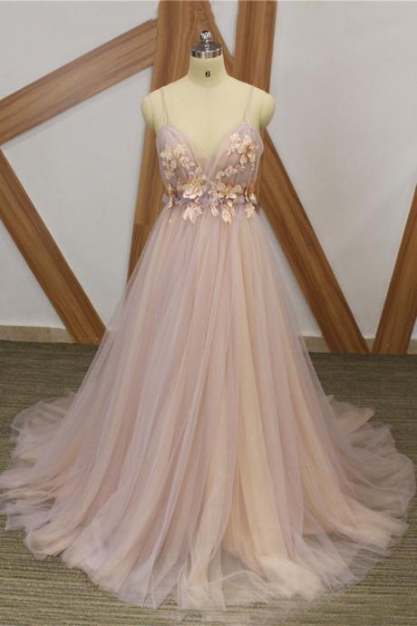 Gorgeous Pink Floral Tulle Long Straps Formal Gown, Wedding Party Dresses