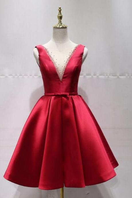 Red Satin Knee Length Party Dress 2019, Charming Red Formal Dress