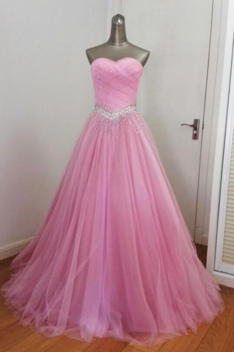 Pink Beaded Cute Party Dress, Sweet Pink Tulle Long Formal Dress 2019