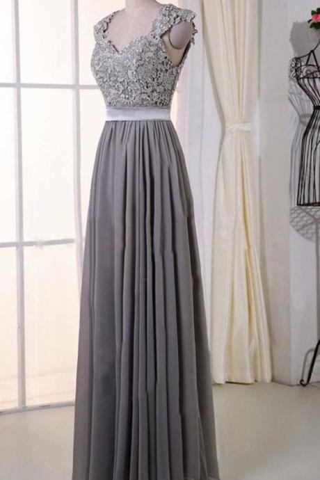 Lovely Grey Lace and Chiffon Cap Sleeves Formal Dress 2019, Women Party Dress 2019
