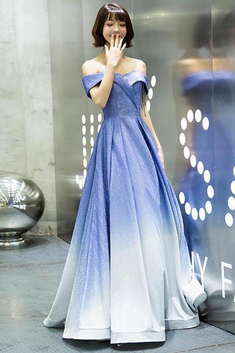 Lovely Blue Gradient Long Party Dress, Off the Shoulder Party Dress