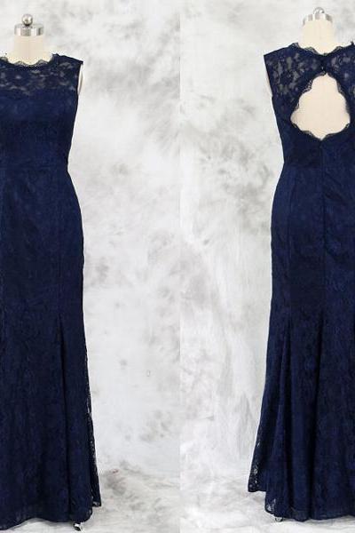 Elegant Navy Blue Slim Line Round Neck Sleeveless Lace Prom Dresses Military Ball Dresses