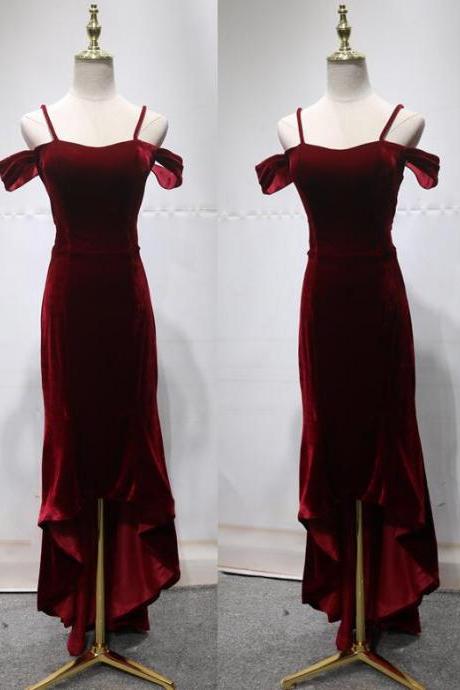 Dark Red Velvet Straps High Low Evening Party Dress, Style Formal Gown