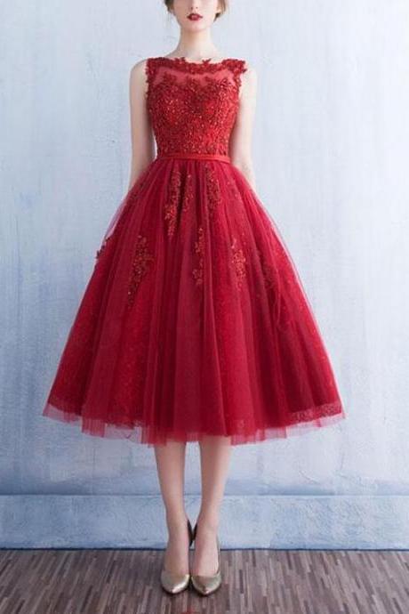 Dark Red Tulle Tea Length Homecoming Dress With Lace Applique, Lovely Party Dress 2019