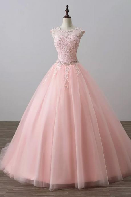 Pink Tulle Sweet 16 Dress With Lace, Charming Formal Dresses