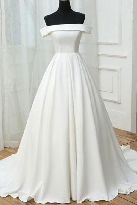 White Satin Off Shoulder Long Party Gowns, White Formal Dress 2019