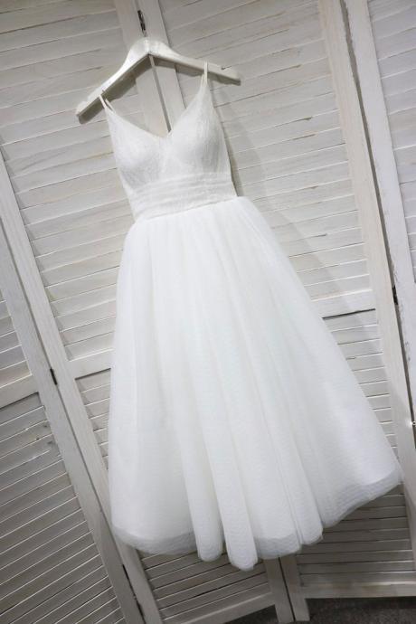 White Simple Tulle Tea Length Bridal Dress, Wedding Party Dress 2019