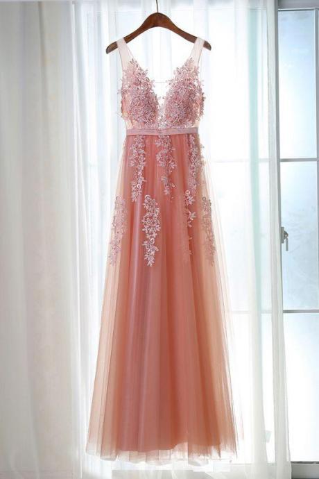 Pink Tulle Elegant Long Prom Dress, Pink Bridesmaid Dress