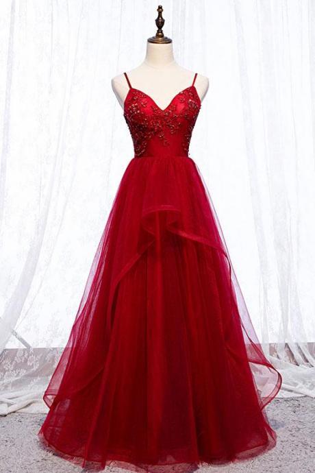 Pretty Dark Red Straps Long Prom Dresses, Beaded V-neckline Formal Dress