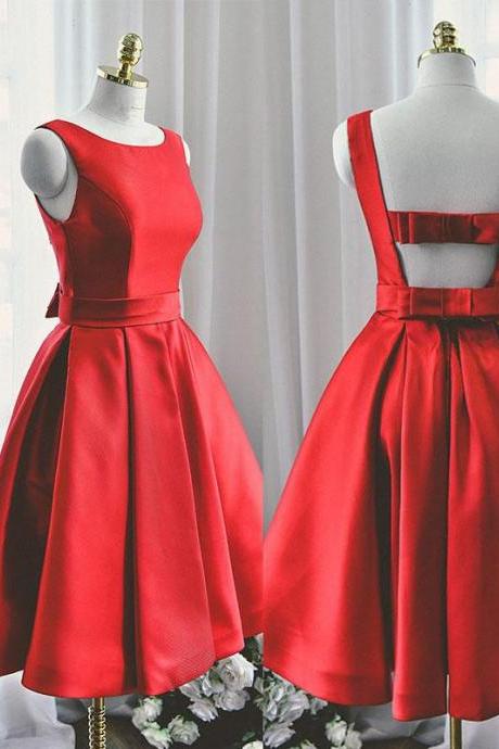 Red Satin Short Party Dress With Bow, Red Homecoming Dress