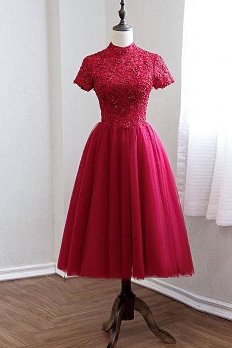 Dark Red Halter Tulle Cap Sleeves Formal Dresses, Beautiful Party Dress