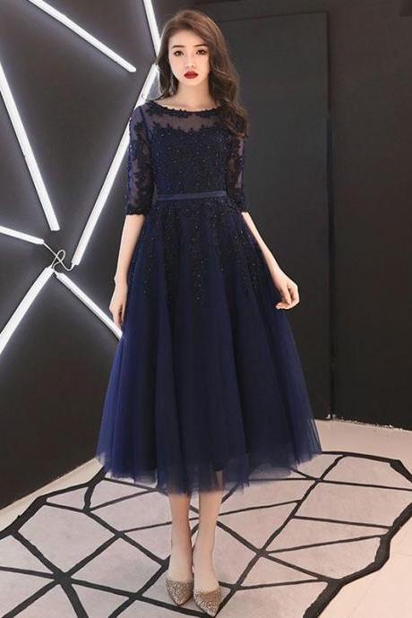 Navy Blue Tulle Party Dress With 1/2 Sleeves, Blue Bridesmaid Dresses