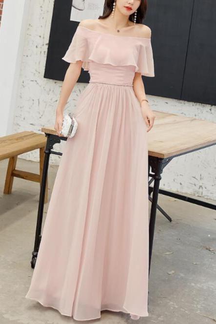Pink The Off Shoulder Long Party Gowns, Pink Long Simple Bridesmaid Dresses