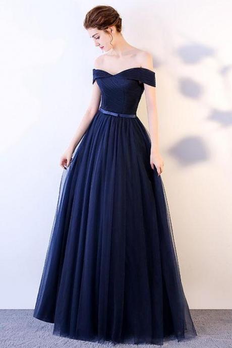 Dark Navy Blue Off The Shoulder Party Dress, Blue Bridesmaid Dress