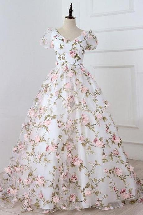 Beautiful Cap Sleeves Flowers Long Party Gown, Charming Formal Dress