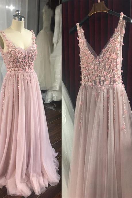 Charming Pink Flower And Beaded Backless Gown, High Quality Formal Dress