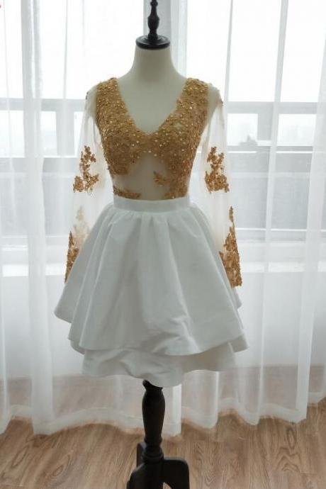 Long Sleeves Backless Short Homecoming Dress, Gold Lace Applique Party Dress