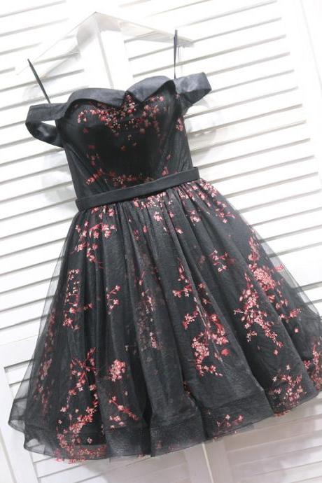 Black Floral Off Shoulder Homecoming Dress, Cute Party Dress 2019