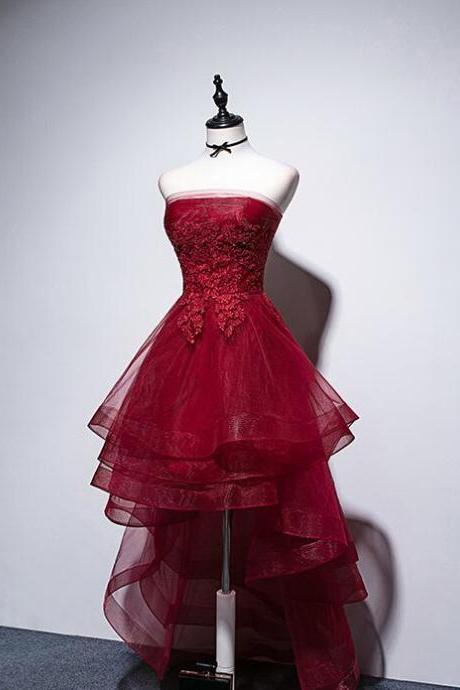 High Quality Wine Red High Low Lace Party Dress, Women Homecoming Dresses