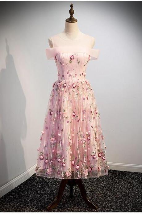 Lovely Pink Tulle Tea Length Floral Dress, Cute Pink Party Dress 