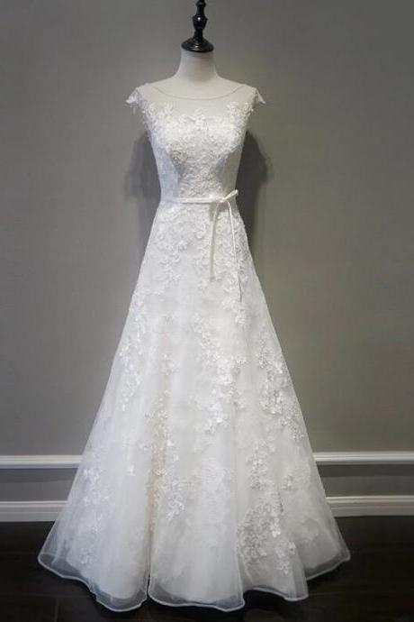 White Lace Elegant Simple Round Neckline Long Formal Dress, White Wedding Dress