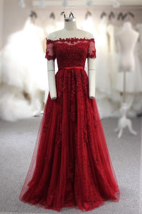 Wine Red Lace Off The Shoulder Long Party Dresses, Elegant Bridesmaid Dress 2019