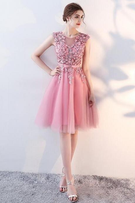 Pink Short Tulle Cute Homecoming Dress with Flowers, Lovely Formal Dress