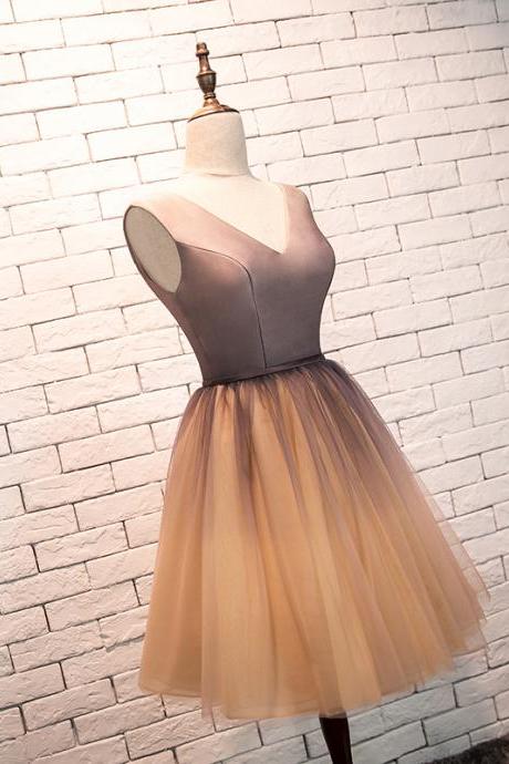 Cute Gradient Champagne Knee Length V-neckline Party Dress, Short Homecoming Dress