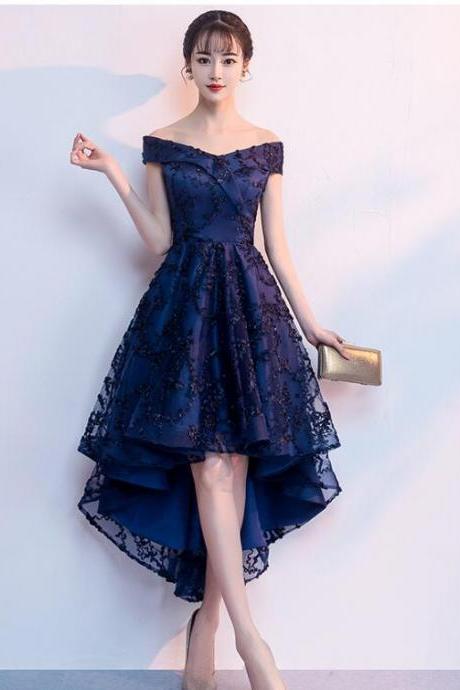 Navy Blue Homecoming Dress, High Low Lace Blue Party Dress, Cute Formal Dress 2019