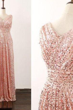 Cute Light Pink Sequins V-neckline Long Party Dress, Pink Bridesmaid Dress 