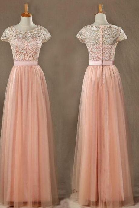 Pearl Pink Tulle Bridesmaid Dress, Short Sleeves Junior Prom Dress