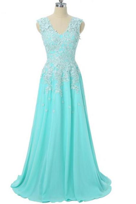 Beautiful Blue Chiffon V-neckline Floor Length Party Dress, Bridesmaid Dress 2019