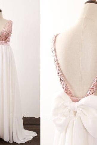 Beautiful V-neckline White Chiffon And Sequins Prom Dress, Party Dress 2019