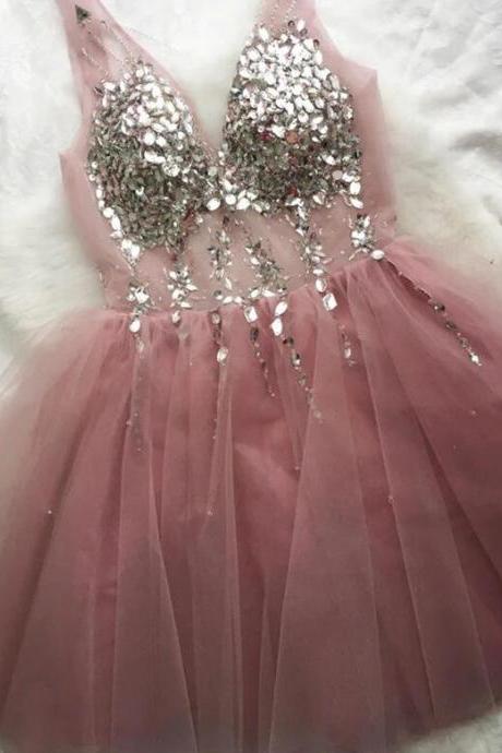 Pink Tulle Party Dress, Pink Beaded Formal Dress, Homecoming Dress