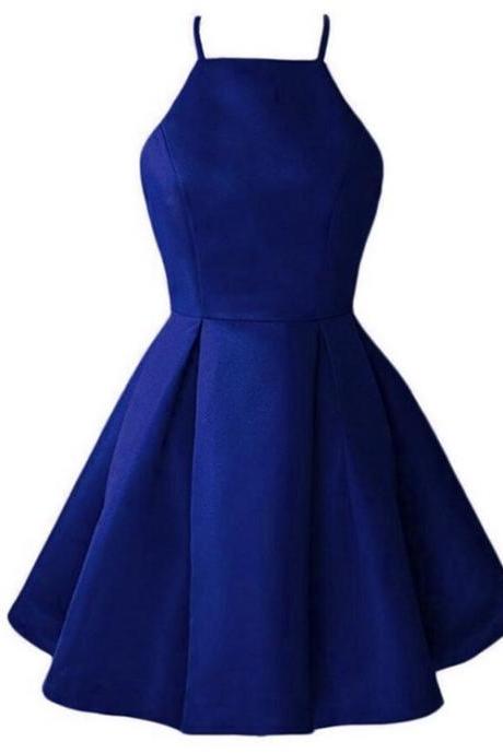 Blue Short Halter Satin Party Dresses, Short Prom Dresses , Blue Homecoming Dresses
