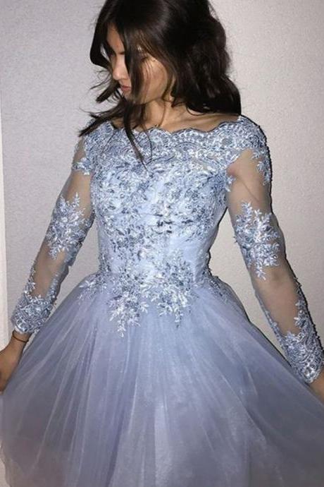 Cute Long Sleeves Off-the-shoulder Tulle Applique Homecoming Dress, Lovely Formal Dress