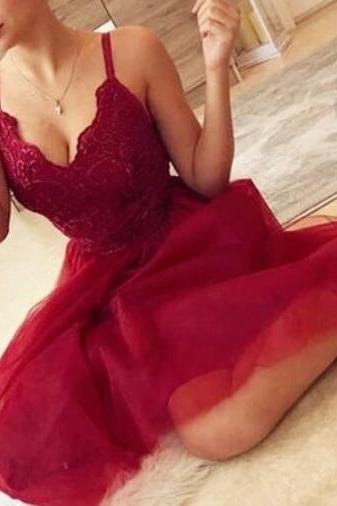 Dark Red Lace and Tulle Straps V-neckline Party Dress, Sexy Formal Dress