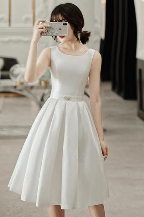 White Satin Round Neckline Knee Length Prom Dress, Beach Wedding Dress