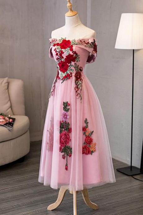 Cute Pink Off Shoulder Tea Length Formal Dress, Cute Party Dress 2019