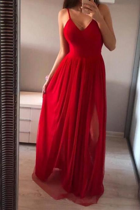Elegant Spaghetti Straps V Neck Red Split Long Prom Dresses, Red Party Dress
