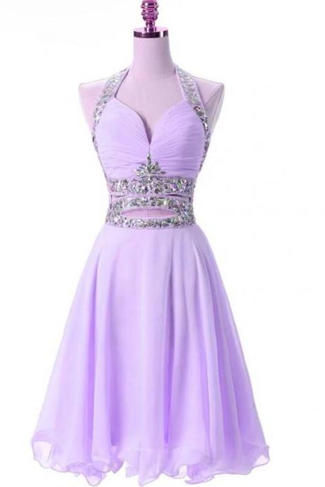 Beautiful Lilac Chiffon Halter Beaded Short Prom Dress, Homecoming Dresses For Party