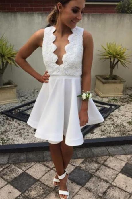 Cute White Open Back Lace Fashion Homecoming Dresses, Short Prom Dress