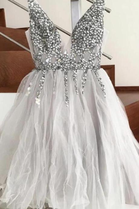 Grey Short Crystal Beaded Tulle V-neck Prom Dress, Homecoming Dresses 2019