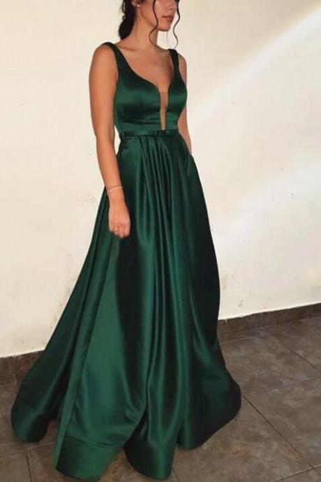 Charming Emerald Green Satin V-neck Prom Dresses, Long Backless Evening Gowns