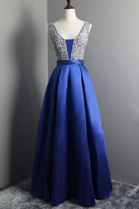 Beautiful Simple Beaded Satin Blue Long V Neck Prom Dresses, Junior Prom Dress