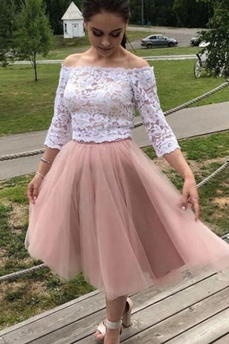Cute Sleeves Lace Off-shoulder Short Prom Dresses, Two Piece Homecoming Dress