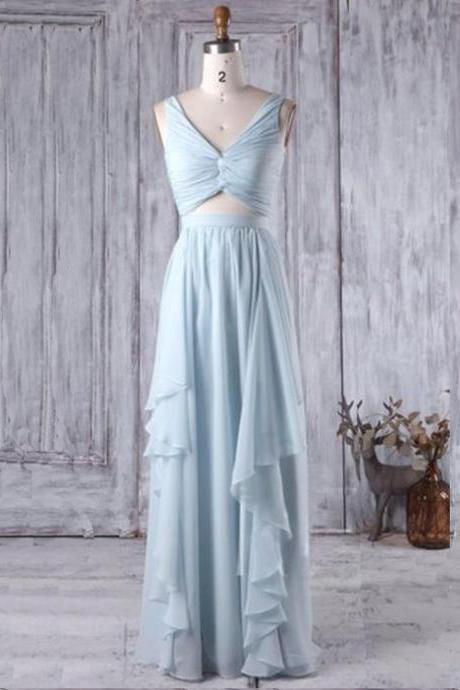 Beautiful Light Blue Chiffon Two Piece Bridesmaid Dress, Elegant Prom Dress
