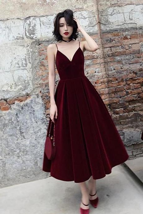 Sexy Wine Red Straps V-neckline Velvet Party Dress, Tea Length Bridesmaid Dress