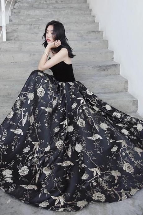 Black Velvet And Floral Long Prom Dress, Charming Party Dress 2019