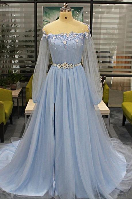 Blue Tulle Long Beaded Sweet 16 Prom Dress With Sleeves, Slit Evening Dres